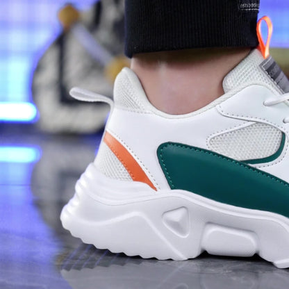 [Breathable Sneakers] Chunky Breathable Mesh Sneakers | Men's White & Teal Casual Sneakers with EVA Sole, Lace - Up Design for All Seasons - Bako Bako