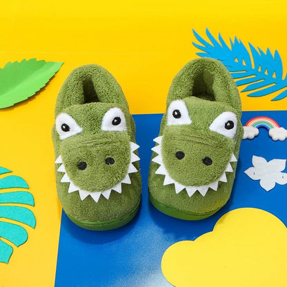 Boys' Dinosaur Slippers with Plush TPR Sole & Alligator/Crocodile Teeth - Warm Winter Indoor/Outdoor, Green & White Low - Top Easy Slip - On for, Cute Dino Footwear for Bedtime & Play - Bako Bako