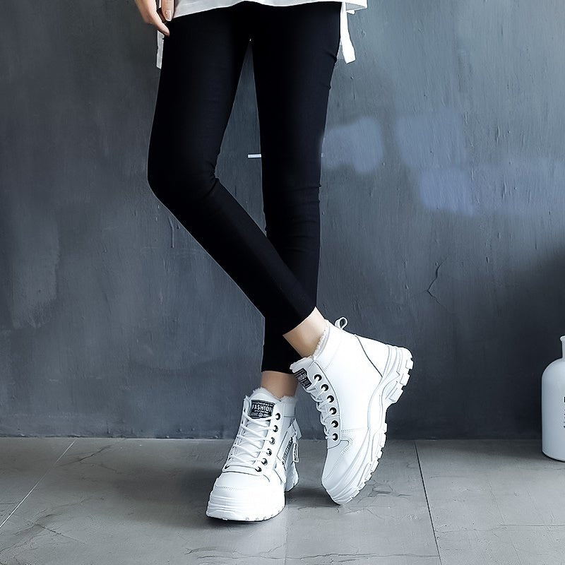 [Warm Fleece - Lined Winter Boots] Warm Fleece - Lined Women's Winter High - Top Boots - Thick Rubber Sole, Lace - Up Casual Style, White & Beige, Perfect for Cold Weather Comfort - Bako Bako