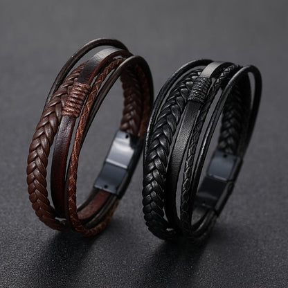 1pc Men's Hand - Woven Multi - Layer Leather Bracelet with Buckle Closure - Stylish Faux Leather Cuff, Durable & Versatile Accessory for Casual or Formal Wear - Bako Bako