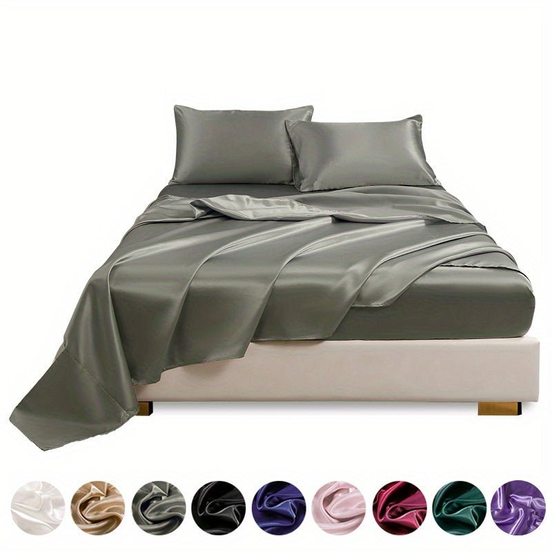 This 4pcs Satin Bed Sheet Set Includes One Fitted Sheet, One Flat Sheet, And Two Pillowcases Without Inserts. The Solid Color Showcases a Simple And Elegant Design That Never Goes Out of Style. Made from Polyester, The Fabric - Bako Bako