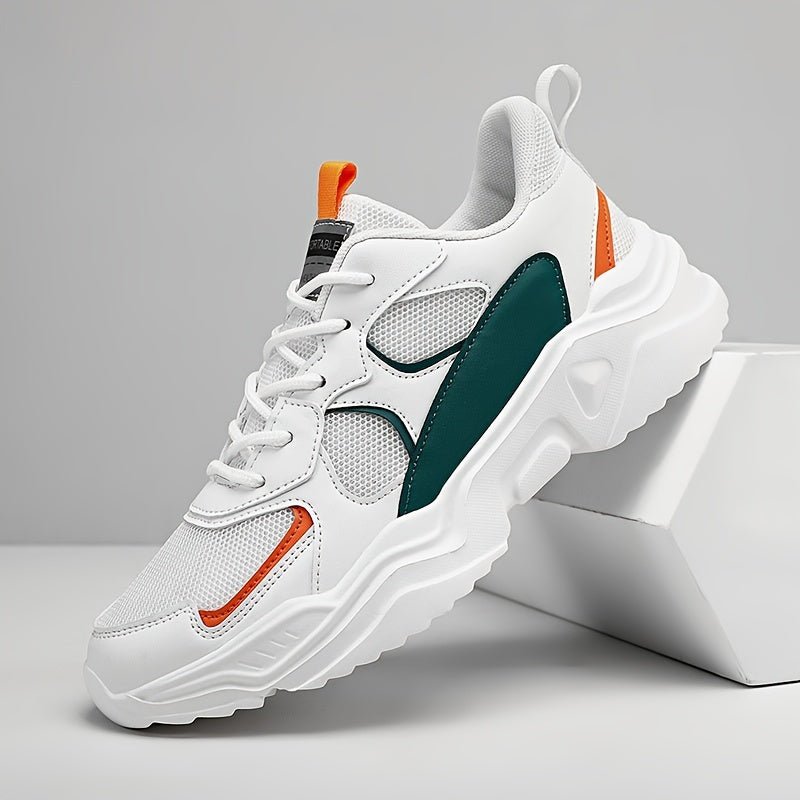[Breathable Sneakers] Chunky Breathable Mesh Sneakers | Men's White & Teal Casual Sneakers with EVA Sole, Lace - Up Design for All Seasons - Bako Bako