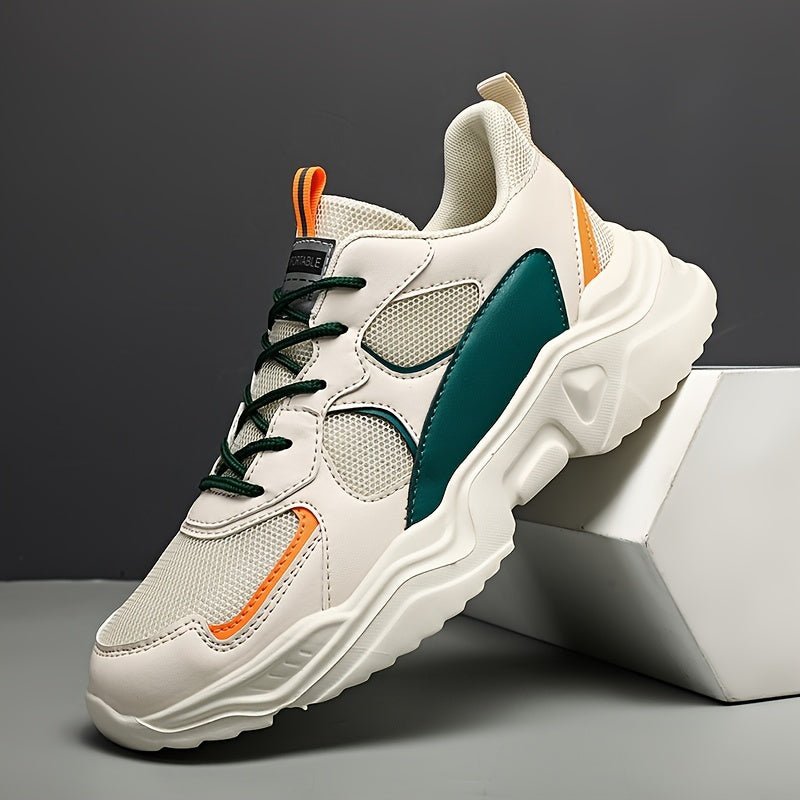 [Breathable Sneakers] Chunky Breathable Mesh Sneakers | Men's White & Teal Casual Sneakers with EVA Sole, Lace - Up Design for All Seasons - Bako Bako