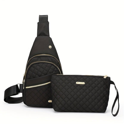Large Capacity Chest Bag for Women - Adjustable Embroidered Crossbody Bag with Zipper Closure, Polyester Lining, Foldable, and Random Printing - Urban Solid Color Nylon Bag with Comfortable Strap - Bako Bako