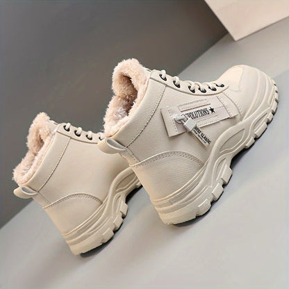 [Warm Fleece - Lined Winter Boots] Warm Fleece - Lined Women's Winter High - Top Boots - Thick Rubber Sole, Lace - Up Casual Style, White & Beige, Perfect for Cold Weather Comfort - Bako Bako