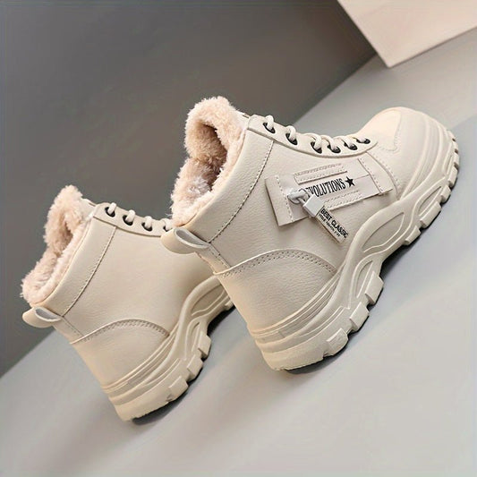 [Warm Fleece - Lined Winter Boots] Warm Fleece - Lined Women's Winter High - Top Boots - Thick Rubber Sole, Lace - Up Casual Style, White & Beige, Perfect for Cold Weather Comfort - Bako Bako
