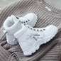 [Warm Fleece - Lined Winter Boots] Warm Fleece - Lined Women's Winter High - Top Boots - Thick Rubber Sole, Lace - Up Casual Style, White & Beige, Perfect for Cold Weather Comfort - Bako Bako