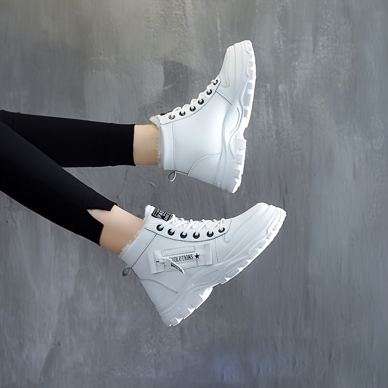 [Warm Fleece - Lined Winter Boots] Warm Fleece - Lined Women's Winter High - Top Boots - Thick Rubber Sole, Lace - Up Casual Style, White & Beige, Perfect for Cold Weather Comfort - Bako Bako