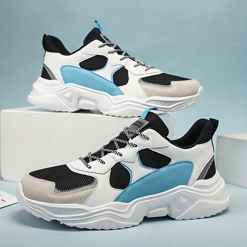 [Breathable Sneakers] Chunky Breathable Mesh Sneakers | Men's White & Teal Casual Sneakers with EVA Sole, Lace - Up Design for All Seasons - Bako Bako