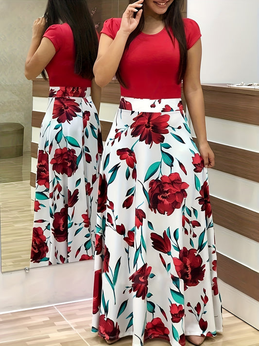 Women'S Plus Size Floral Print Red Colorblock Midi Dress with Short Sleeves - Elegant Crew Neck, Medium Stretch Polyester Fabric, Perfect for All Seasons - Bako Bako
