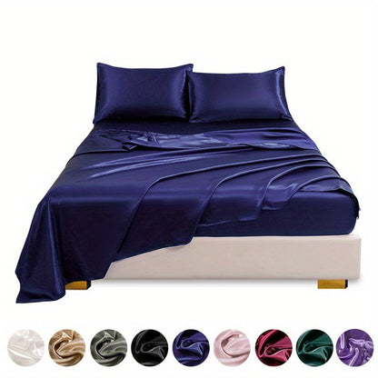 This 4pcs Satin Bed Sheet Set Includes One Fitted Sheet, One Flat Sheet, And Two Pillowcases Without Inserts. The Solid Color Showcases a Simple And Elegant Design That Never Goes Out of Style. Made from Polyester, The Fabric - Bako Bako