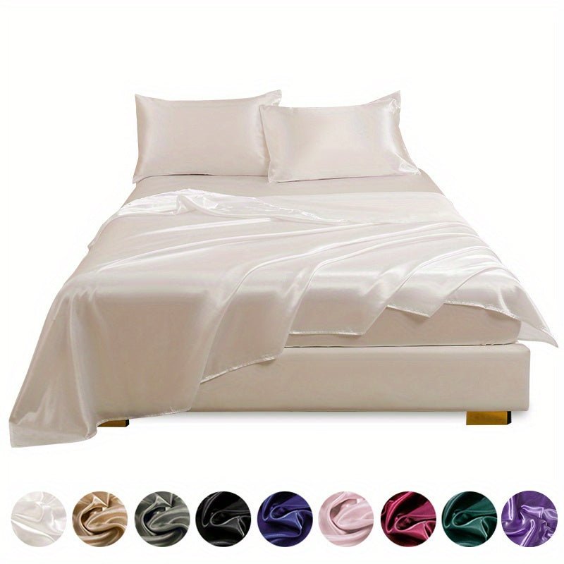This 4pcs Satin Bed Sheet Set Includes One Fitted Sheet, One Flat Sheet, And Two Pillowcases Without Inserts. The Solid Color Showcases a Simple And Elegant Design That Never Goes Out of Style. Made from Polyester, The Fabric - Bako Bako