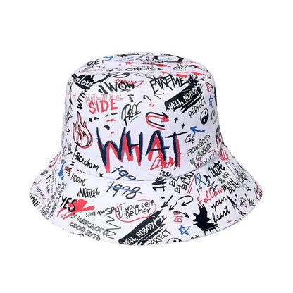 1 Men's "What" Graffiti - Style Bucket Hat - Streetwear Polyester, Hand - Washable, Black with Colorful Typography & Graphics, Perfect for Trendy Outfits - Bako Bako
