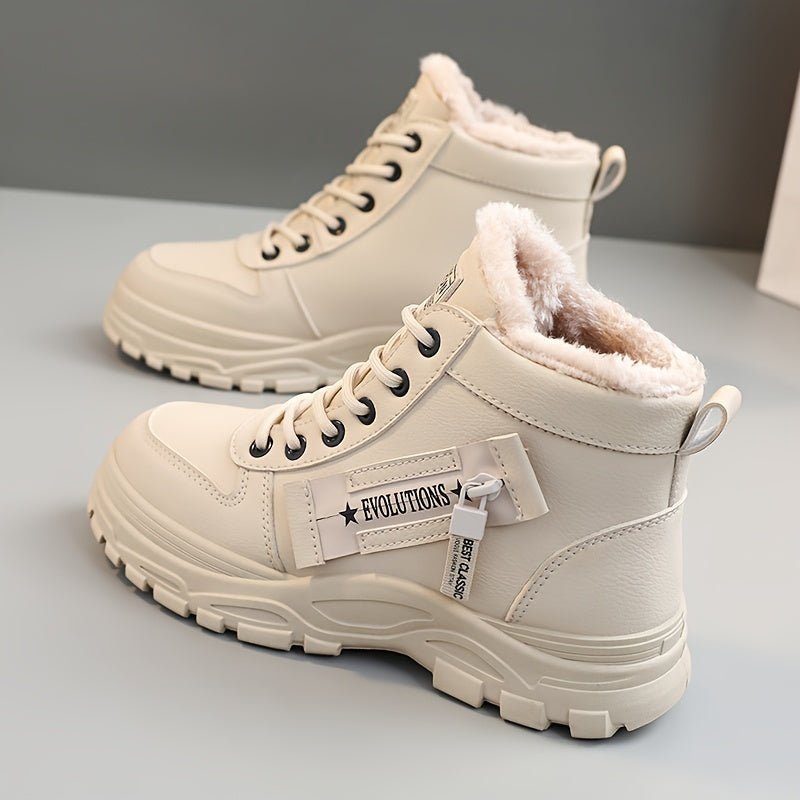 [Warm Fleece - Lined Winter Boots] Warm Fleece - Lined Women's Winter High - Top Boots - Thick Rubber Sole, Lace - Up Casual Style, White & Beige, Perfect for Cold Weather Comfort - Bako Bako