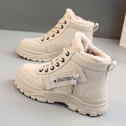[Warm Fleece - Lined Winter Boots] Warm Fleece - Lined Women's Winter High - Top Boots - Thick Rubber Sole, Lace - Up Casual Style, White & Beige, Perfect for Cold Weather Comfort - Bako Bako