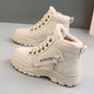 [Warm Fleece - Lined Winter Boots] Warm Fleece - Lined Women's Winter High - Top Boots - Thick Rubber Sole, Lace - Up Casual Style, White & Beige, Perfect for Cold Weather Comfort - Bako Bako
