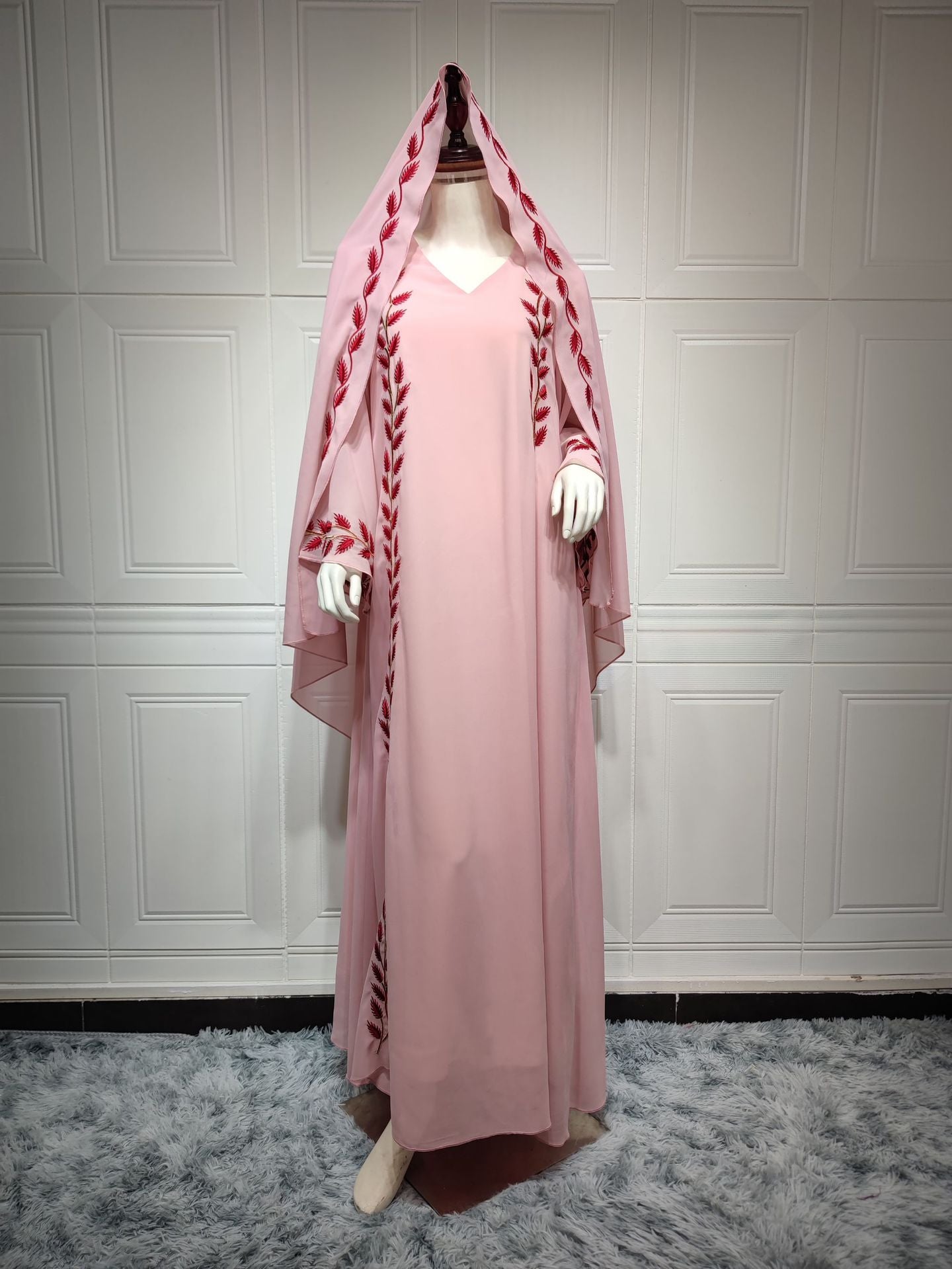Eid Muslim Abaya for Women Embroidery Dress with Scarf 2 Piece Set Dubai Arab Long Robe Morocco Abayas Kaftan Headscarf Gorgeous - Bako Bako
