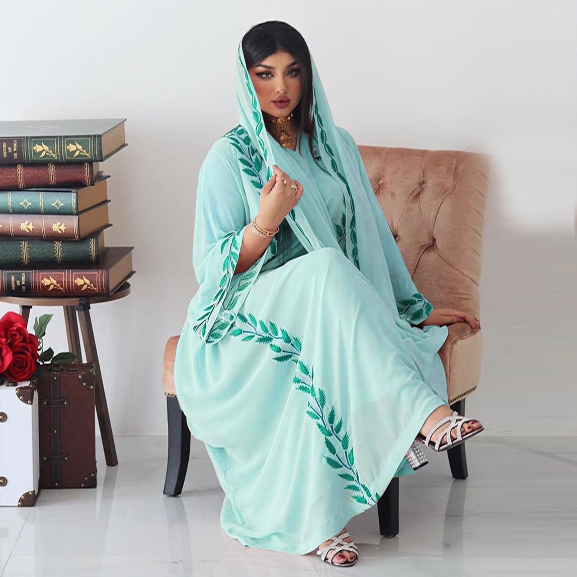 Eid Muslim Abaya for Women Embroidery Dress with Scarf 2 Piece Set Dubai Arab Long Robe Morocco Abayas Kaftan Headscarf Gorgeous - Bako Bako