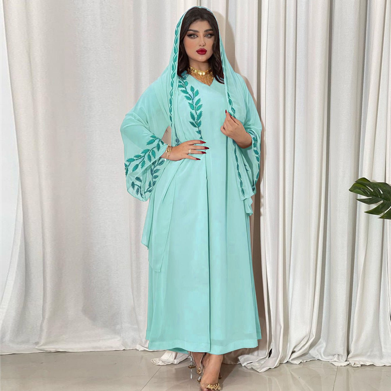 Eid Muslim Abaya for Women Embroidery Dress with Scarf 2 Piece Set Dubai Arab Long Robe Morocco Abayas Kaftan Headscarf Gorgeous - Bako Bako