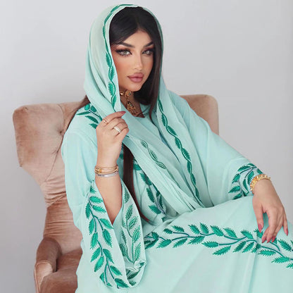 Eid Muslim Abaya for Women Embroidery Dress with Scarf 2 Piece Set Dubai Arab Long Robe Morocco Abayas Kaftan Headscarf Gorgeous - Bako Bako