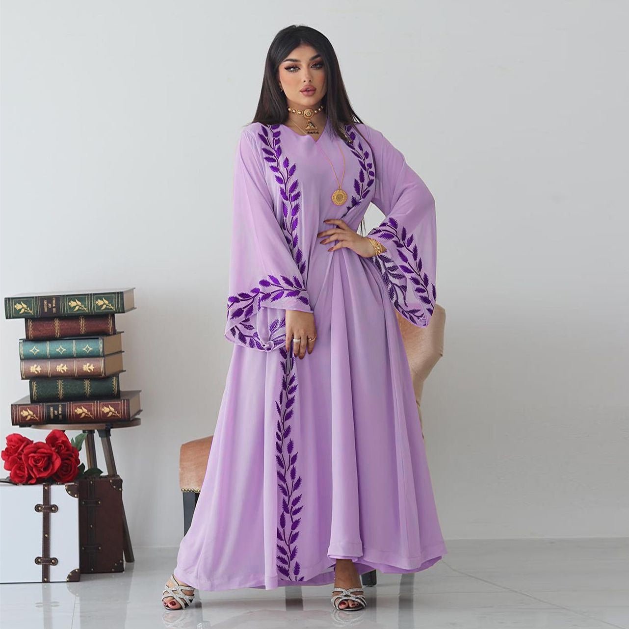Eid Muslim Abaya for Women Embroidery Dress with Scarf 2 Piece Set Dubai Arab Long Robe Morocco Abayas Kaftan Headscarf Gorgeous - Bako Bako