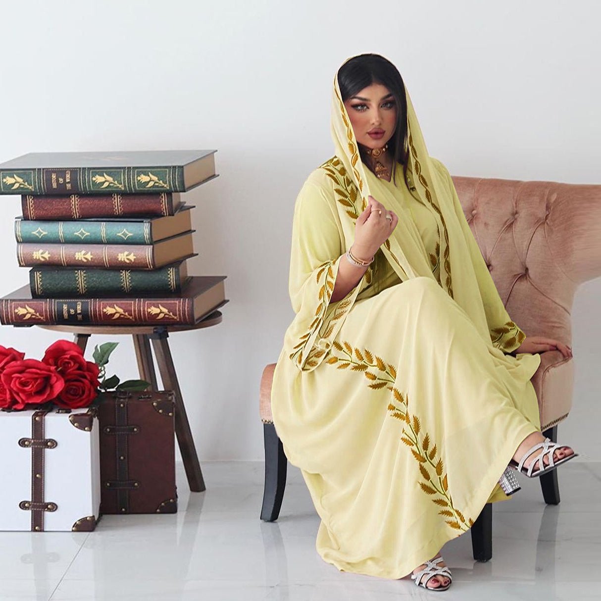 Eid Muslim Abaya for Women Embroidery Dress with Scarf 2 Piece Set Dubai Arab Long Robe Morocco Abayas Kaftan Headscarf Gorgeous - Bako Bako