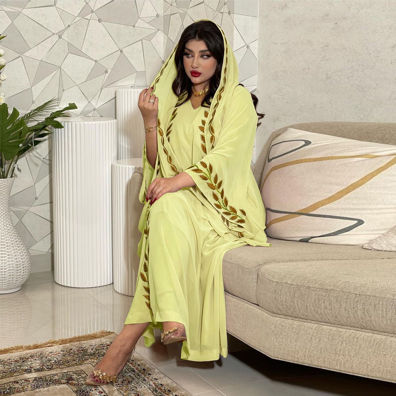 Eid Muslim Abaya for Women Embroidery Dress with Scarf 2 Piece Set Dubai Arab Long Robe Morocco Abayas Kaftan Headscarf Gorgeous - Bako Bako