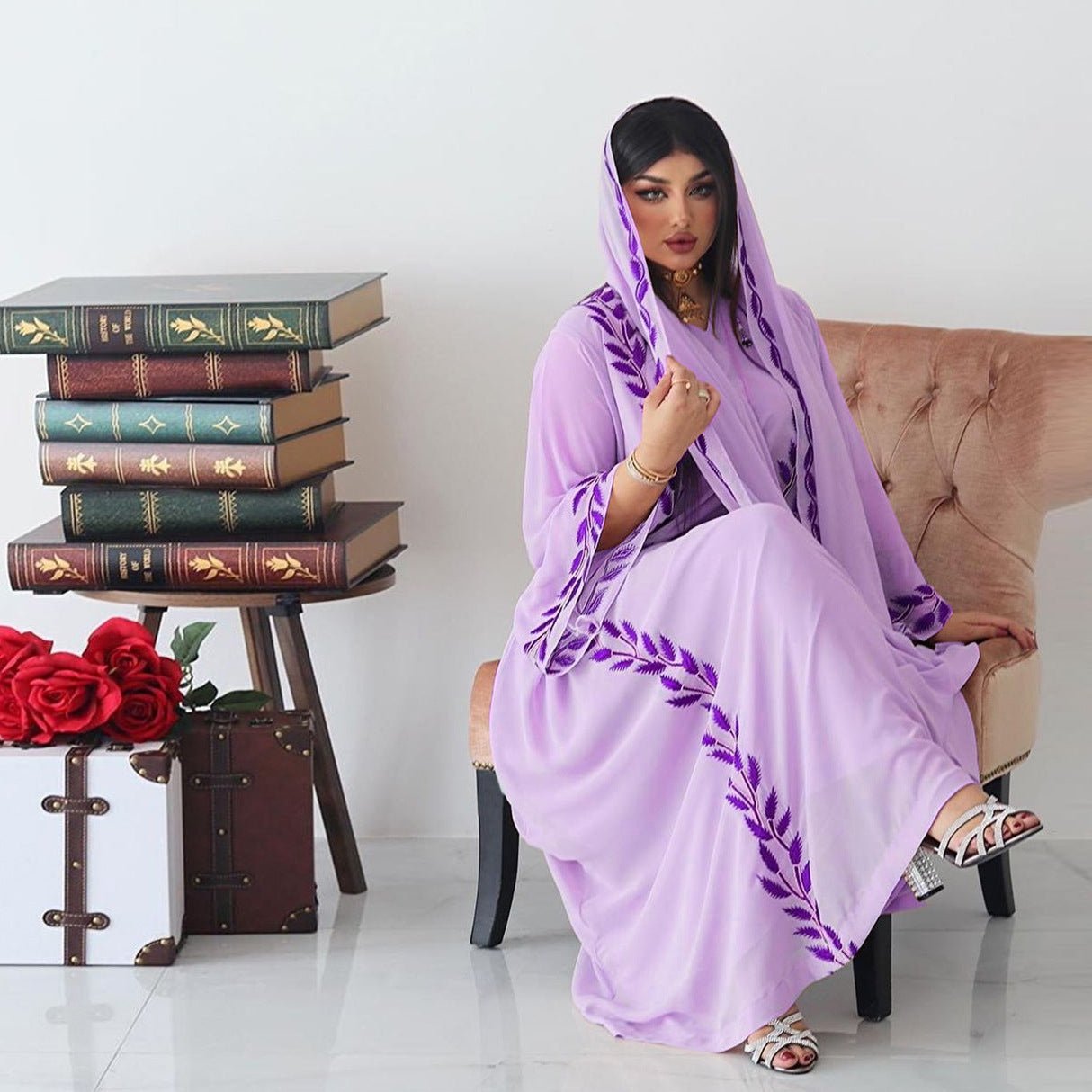 Eid Muslim Abaya for Women Embroidery Dress with Scarf 2 Piece Set Dubai Arab Long Robe Morocco Abayas Kaftan Headscarf Gorgeous - Bako Bako