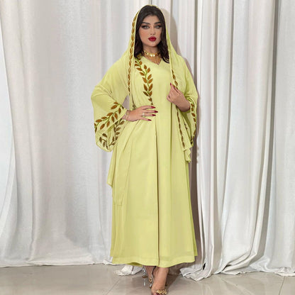 Eid Muslim Abaya for Women Embroidery Dress with Scarf 2 Piece Set Dubai Arab Long Robe Morocco Abayas Kaftan Headscarf Gorgeous - Bako Bako