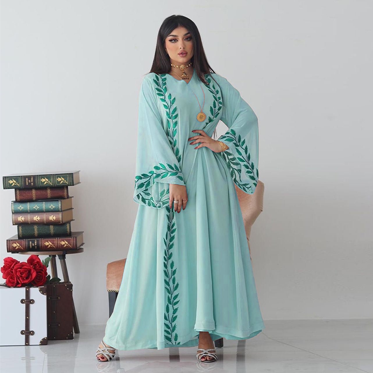 Eid Muslim Abaya for Women Embroidery Dress with Scarf 2 Piece Set Dubai Arab Long Robe Morocco Abayas Kaftan Headscarf Gorgeous - Bako Bako