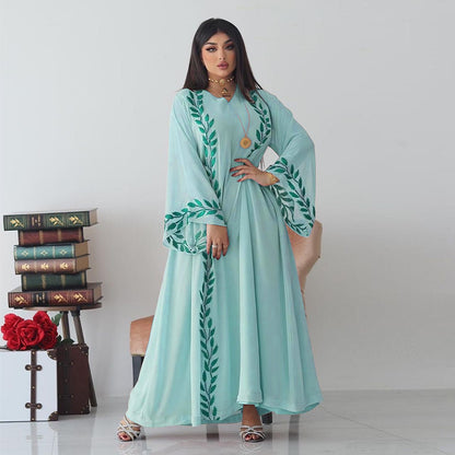 Eid Muslim Abaya for Women Embroidery Dress with Scarf 2 Piece Set Dubai Arab Long Robe Morocco Abayas Kaftan Headscarf Gorgeous - Bako Bako