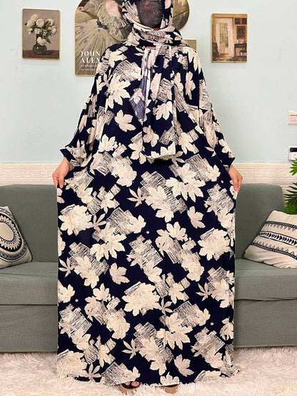 Muslim Cotton Abayas For Women Traditional Floral Ramadan Prayer Garment African Caftan Marocain Femme Robe Connected Headscarf - Bako Bako