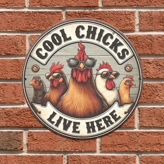 "Cool Chickens Live Here Vintage Wooden Sign - 8x8 Inch Rustic Farmhouse Decor with Cartoon Chickens & Pre - Drilled Holes" - Bako Bako