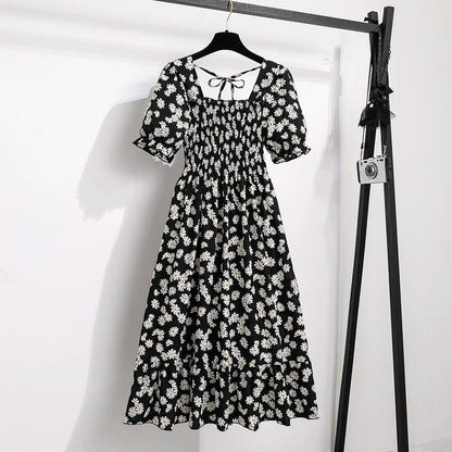Spring Summer Chiffon Dresses Fashion Female Elastic Waist Short Sleeve Pleated Casual Dress Women A - line Dresses Vestidos - Bako Bako