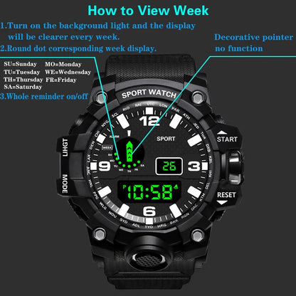 Fashion Men's Watch Sports Electronic Wristwatch Large dial Multifunctional Waterproof Luminous Alarm Kids Male's Military Watch - Bako Bako