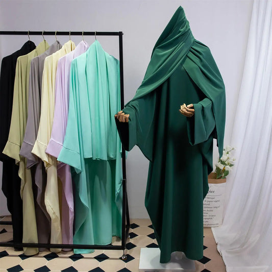 Two Pieces Muslim Abaya Women Jilbab Islamic With Hijab Clothing Dubai Saudi Robe Turkish Modesty Prayer Dresses Loose Kaftans - Bako Bako