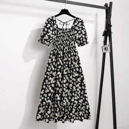 Spring Summer Chiffon Dresses Fashion Female Elastic Waist Short Sleeve Pleated Casual Dress Women A - line Dresses Vestidos - Bako Bako