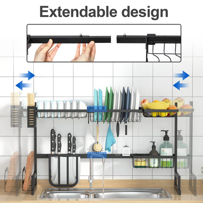 Adjustable Large Dish Drying Rack Metal Over the Sink Storage 2 - Tier Kitchen Organizer with Utensils Holder, Chopstick Holder - Bako Bako