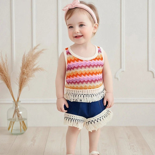 Adorable Baby Girl Outfits Vibrant Rainbow Striped Fringe Sleeveless Tank Top Elastic Waist Jean Shorts 2 - Piece Set for Summer - Bako Bako