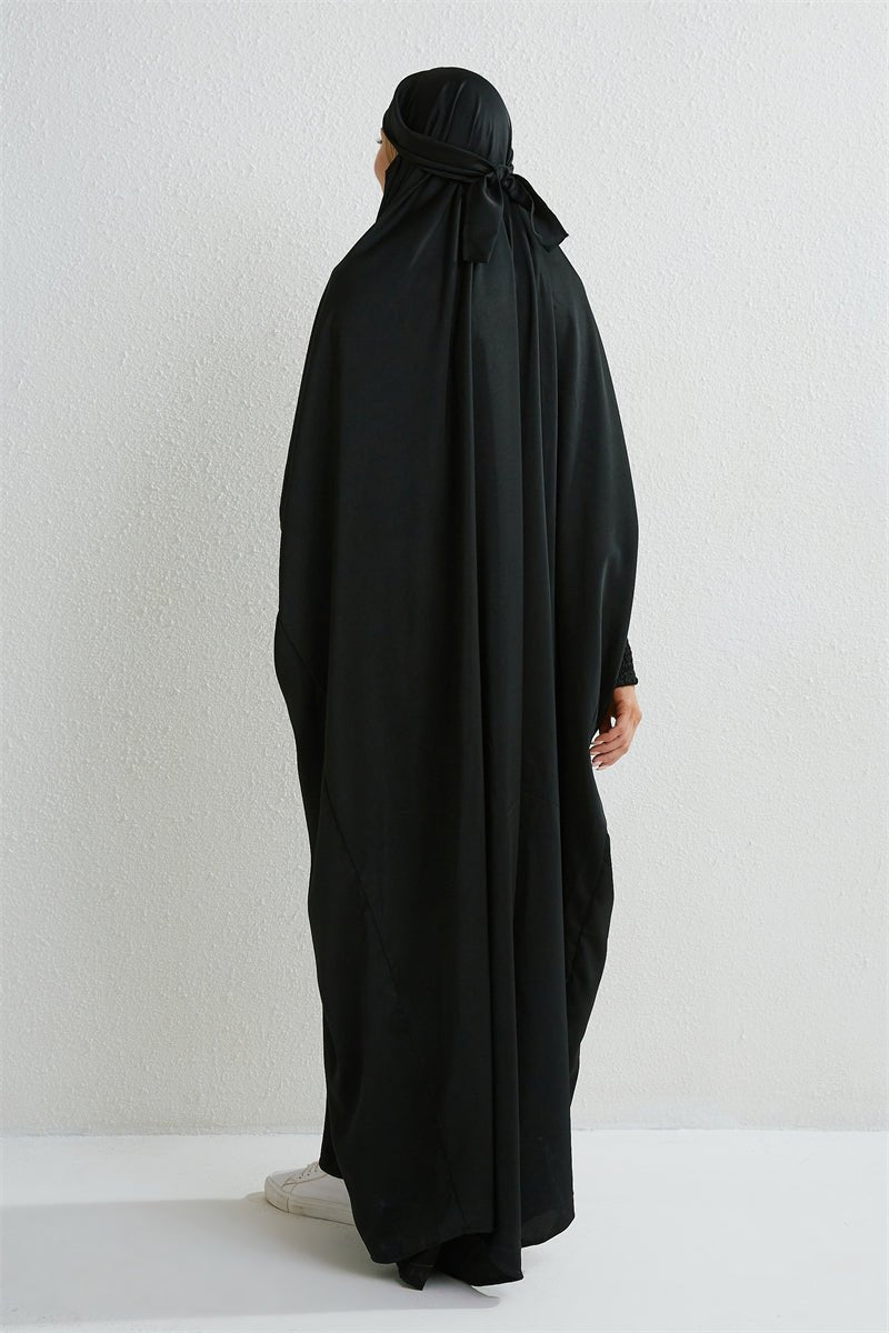 Muslim Abaya Hooded Smocking Sleeve One - piece Prayer Dress Women Jilbab Islamic Clothing Dubai Saudi Black Robe Turkish Modesty - Bako Bako