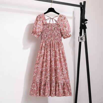 Spring Summer Chiffon Dresses Fashion Female Elastic Waist Short Sleeve Pleated Casual Dress Women A - line Dresses Vestidos - Bako Bako