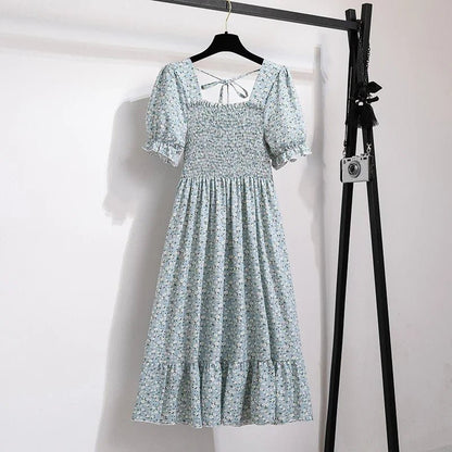 Spring Summer Chiffon Dresses Fashion Female Elastic Waist Short Sleeve Pleated Casual Dress Women A - line Dresses Vestidos - Bako Bako
