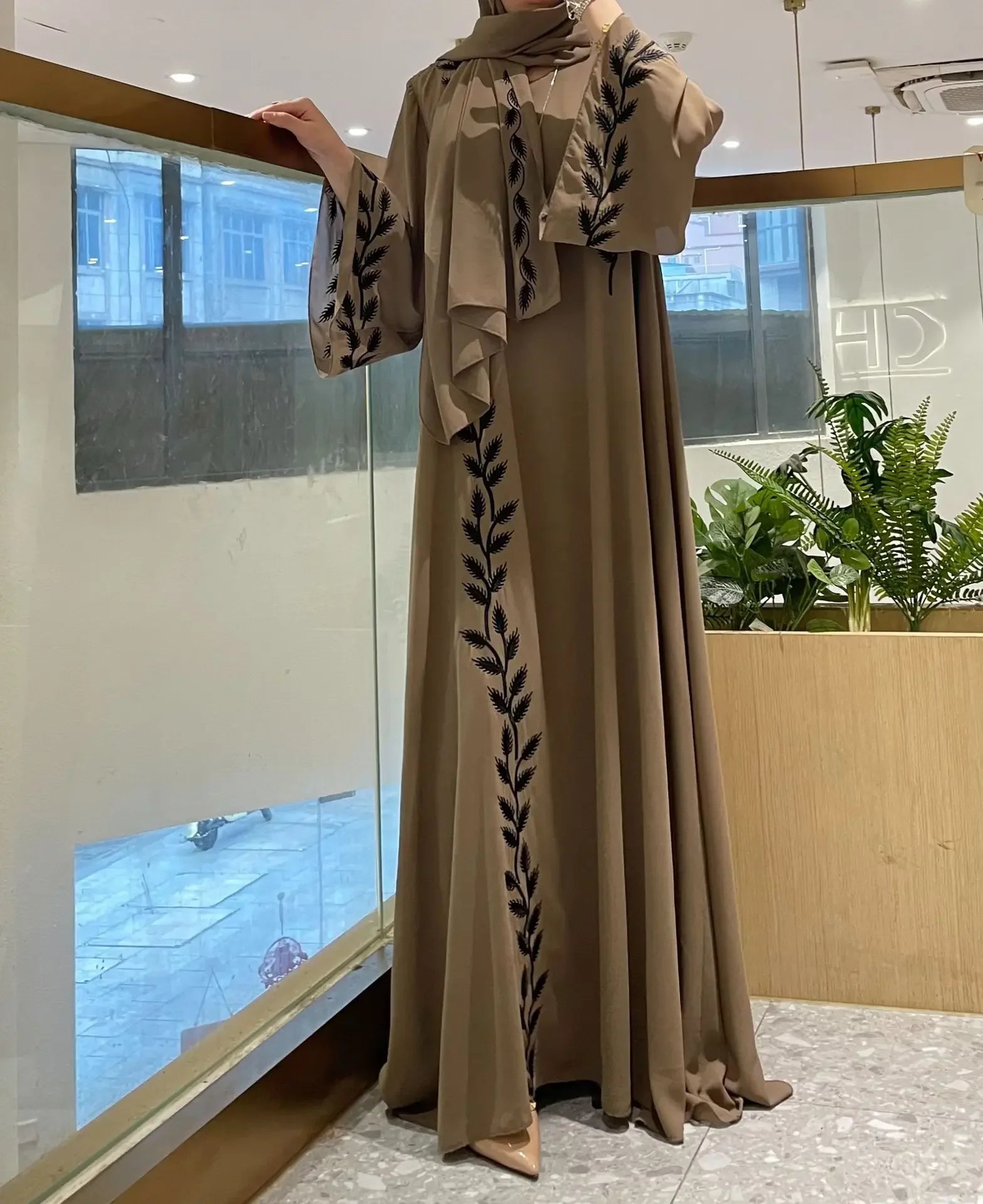 Eid Muslim Abaya for Women Embroidery Dress with Scarf 2 Piece Set Dubai Arab Long Robe Morocco Abayas Kaftan Headscarf Gorgeous - Bako Bako