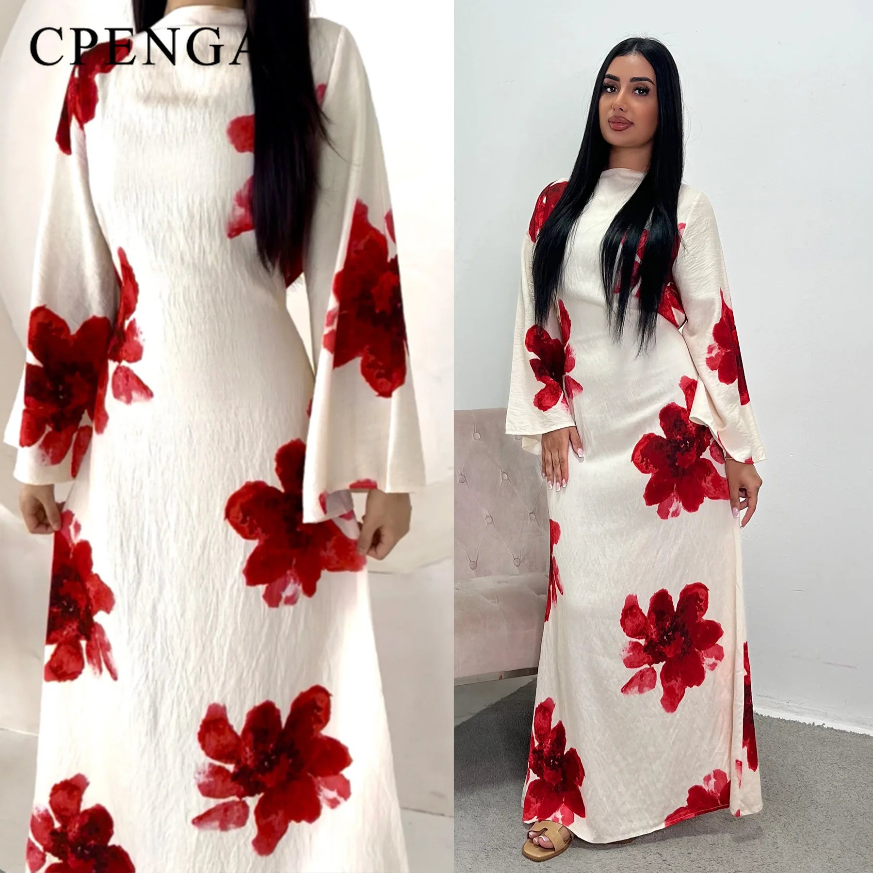 Arabesque Bell Sleeve Flowy Maxi Abaya Dress Elegant Floral Print Muslim Modest Long Dress Islamic Vacation Outfit Summer Robe - Bako Bako