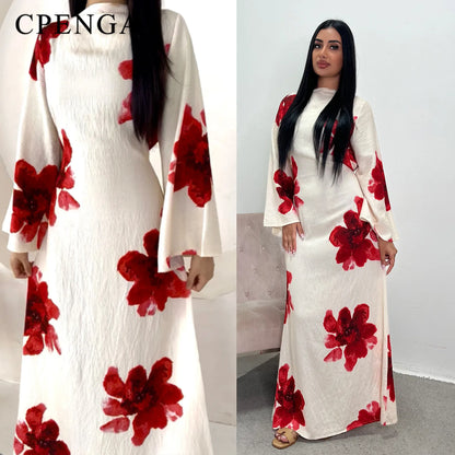 Arabesque Bell Sleeve Flowy Maxi Abaya Dress Elegant Floral Print Muslim Modest Long Dress Islamic Vacation Outfit Summer Robe - Bako Bako
