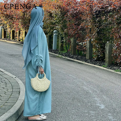 2024 Saudi Arabia Muslim Women Modest Dress Eid Dubai Plain Abaya Islamic Holiday Party Solid Turkey Lace - up Cuffs Long Clothes - Bako Bako