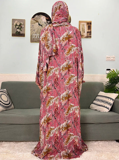 Muslim Cotton Abayas For Women Traditional Floral Ramadan Prayer Garment African Caftan Marocain Femme Robe Connected Headscarf - Bako Bako