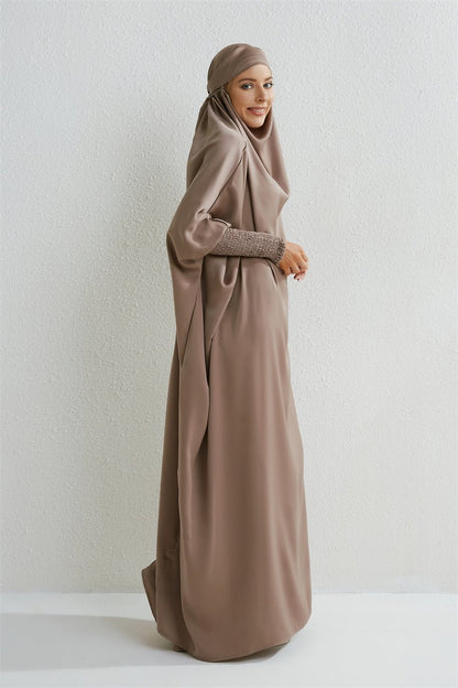 Muslim Abaya Hooded Smocking Sleeve One - piece Prayer Dress Women Jilbab Islamic Clothing Dubai Saudi Black Robe Turkish Modesty - Bako Bako