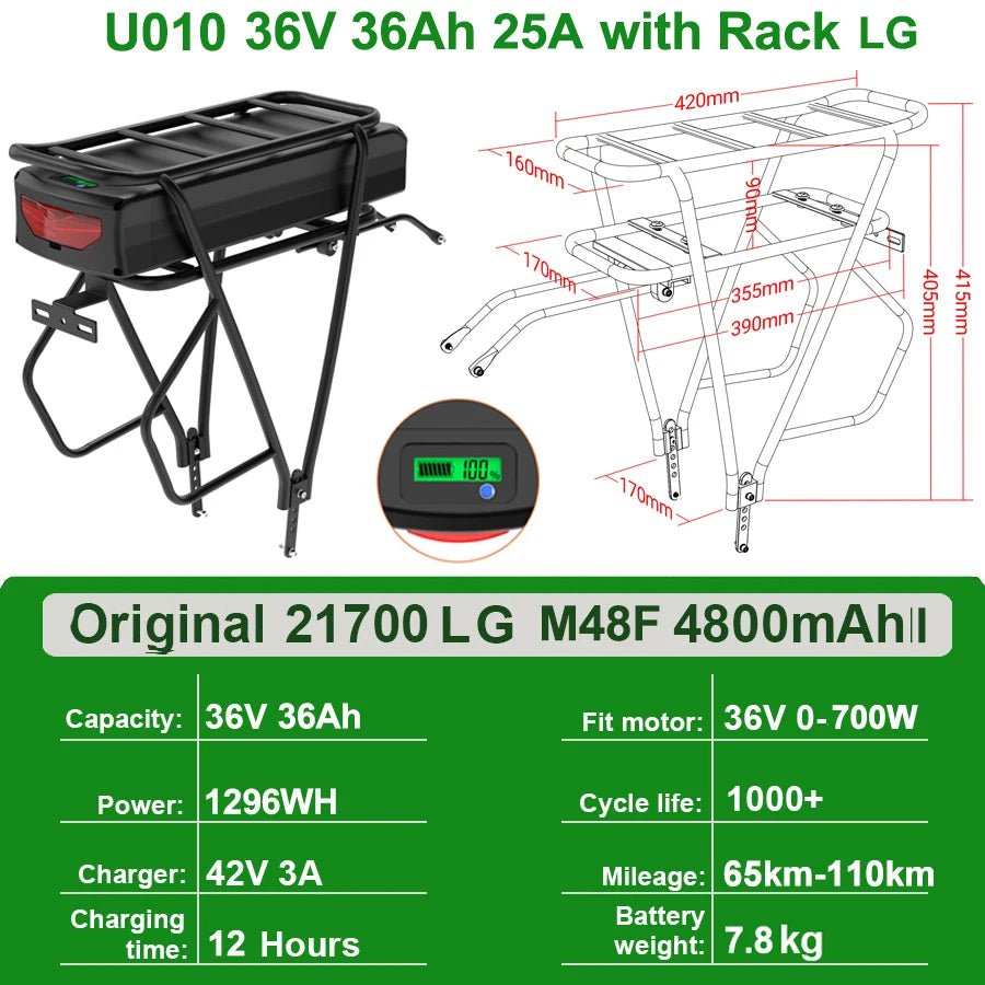 Rear Rack eBike Battery 21700 18650 52V 48V 27Ah 72V 20Ah with Rack no Rack Optional for 1500W 1000W 750W 500W 24" - 28 inch - Bako Bako