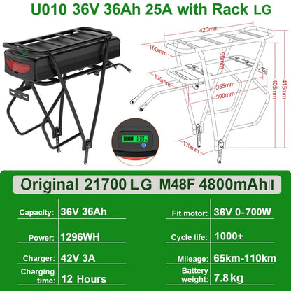 Rear Rack eBike Battery 21700 18650 52V 48V 27Ah 72V 20Ah with Rack no Rack Optional for 1500W 1000W 750W 500W 24" - 28 inch - Bako Bako